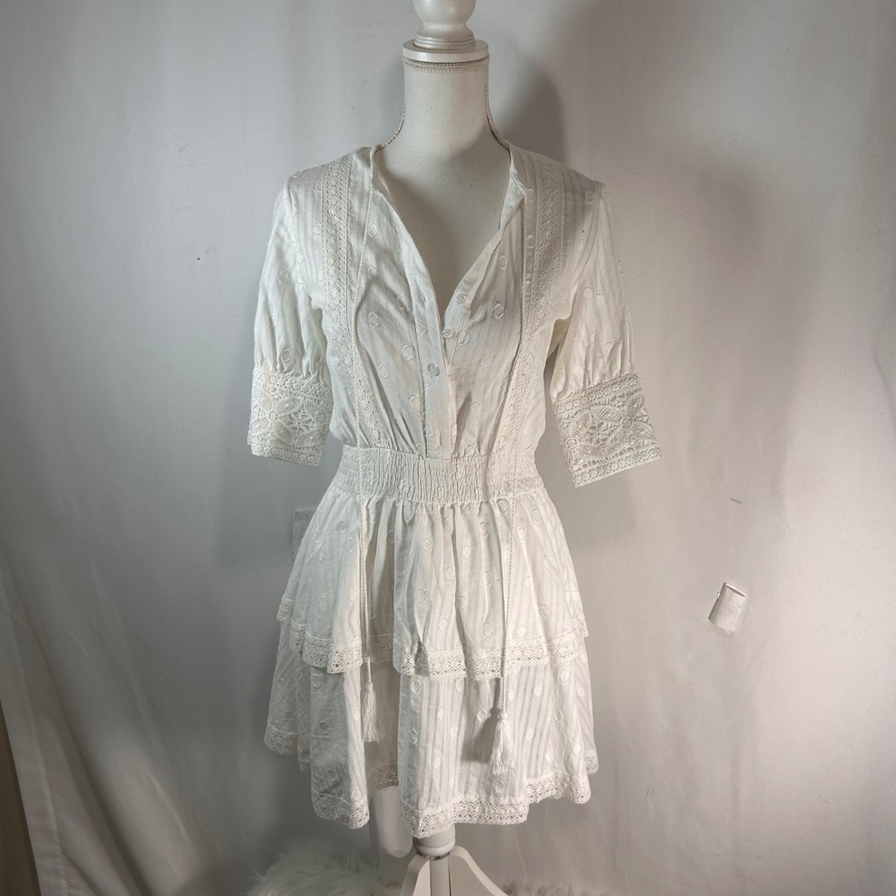 ROCHELLE BEHRENS White Cotton Eyelet Lace Tiered Ruffle Button Up Shirt Dress XS